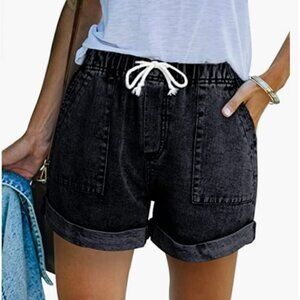 Black Jean Shorts Distressed Drawstring, Elastic Waist W/ Large Pockets